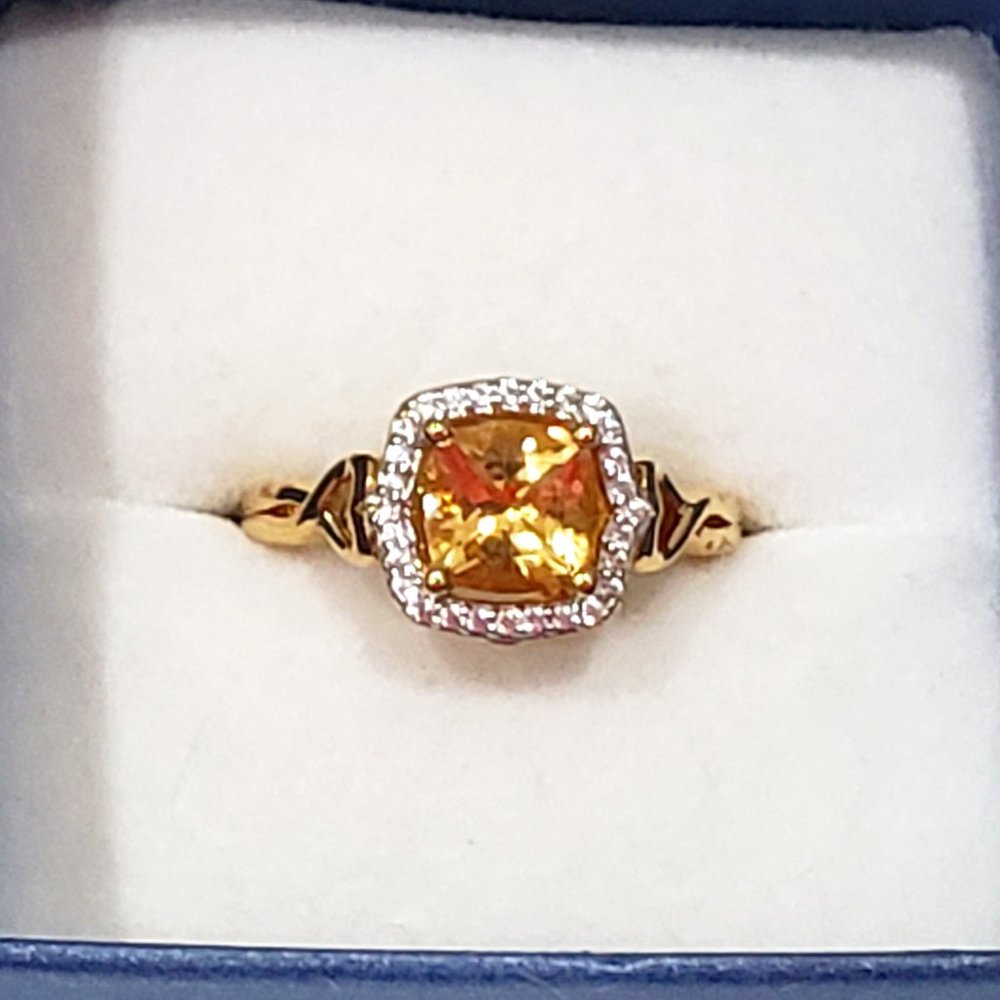 Brazilian Citrine Halo ring w/lab created White Sapphire accents in 14K YG/925